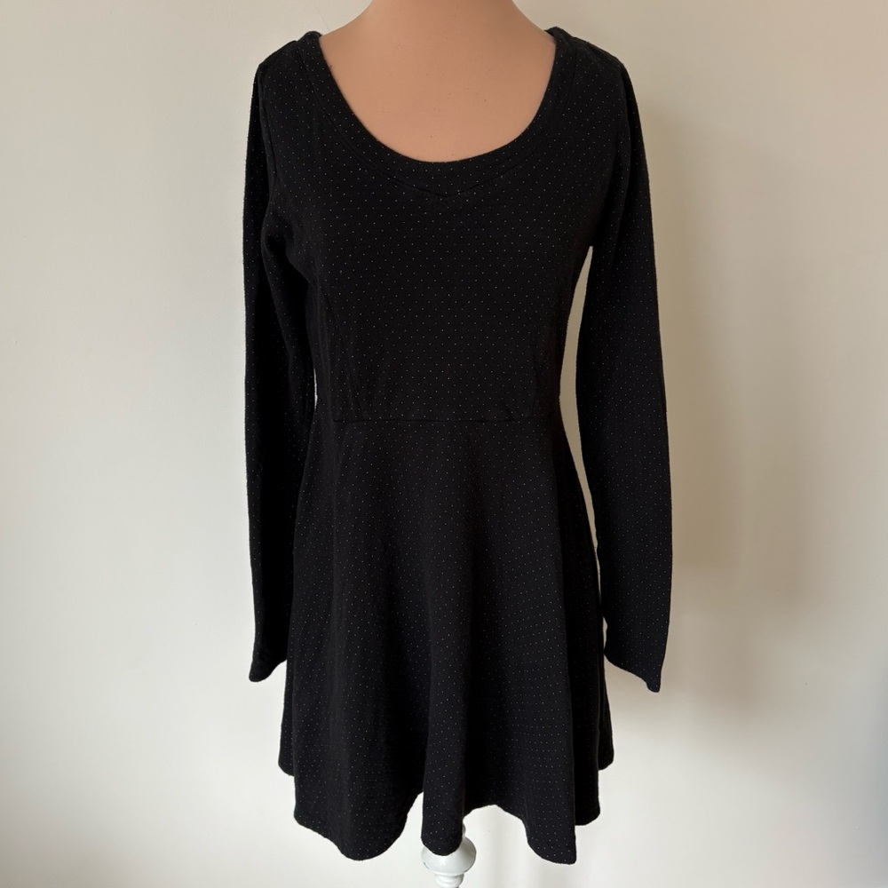 Free People Long Sleeve Black Polka Dot Fit Flare Skater Lace Up Mini Dress Sz S